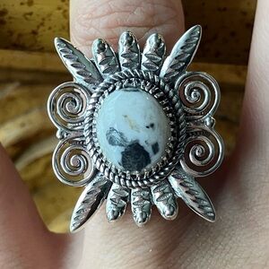 White Buffalo Turquoise Sterling Silver Feather Ring Size 7